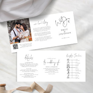  We Do Black White Photo QR Code Timeline Wedding Tri-Fold Invitation
