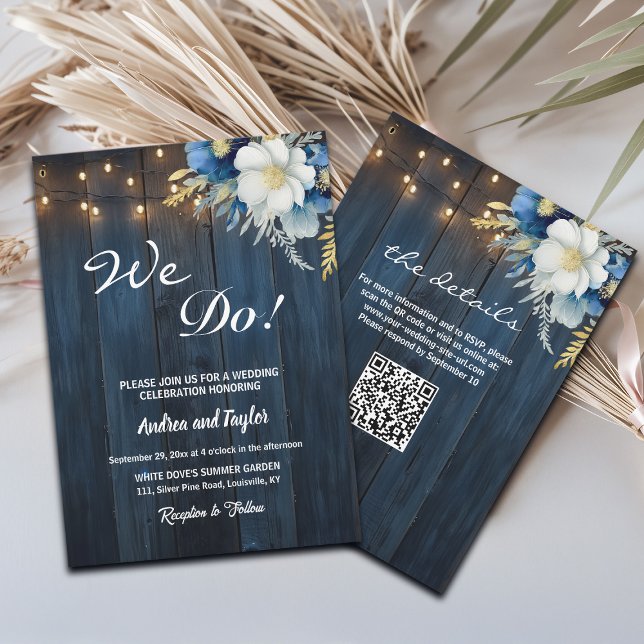 We Do! Blue Wood White Blue Floral QR Code Wedding Invitation (Creator Uploaded)