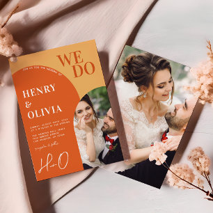 We Do Bold Orange Retro Arch Photo Wedding Invitation