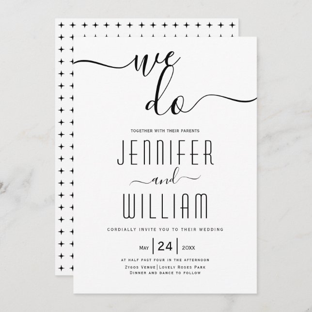 "We do" cursive script calligraphy wedding Invitation (Front/Back)