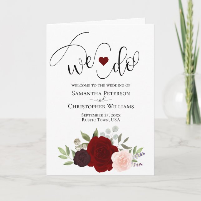 We Do Elegant Burgundy Blush Boho Roses Wedding Program (Front)