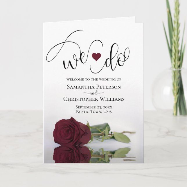 We Do Elegant Burgundy Rose Folded Wedding Program (Front)