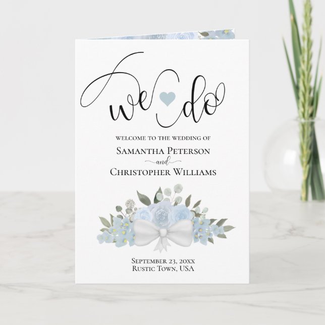 We Do Elegant Dusty Blue Roses Bouquet Wedding Program (Front)