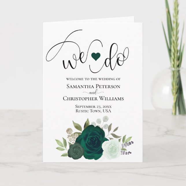 We Do Elegant Emerald Green Boho Roses Wedding Program (Front)