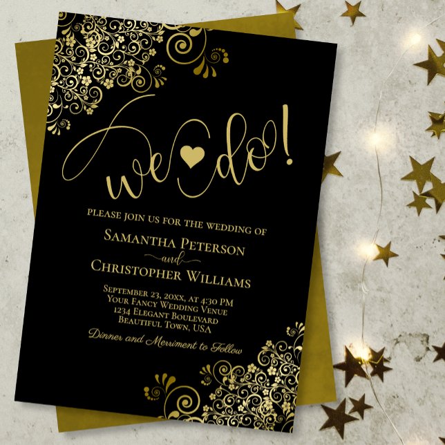 We Do! Elegant Frilly Black & Gold Wedding Invitation (Creator Uploaded)