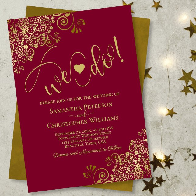We Do! Elegant Frilly Burgundy & Gold Wedding Invitation (Front/Back)