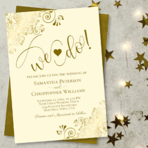 We Do! Elegant Frilly Gold & Ivory Cream Wedding Invitation
