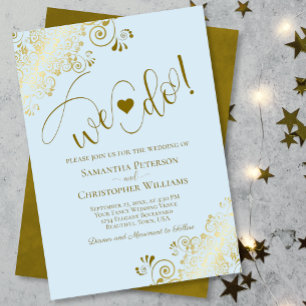 We Do! Elegant Frilly Powder Blue & Gold Wedding Invitation
