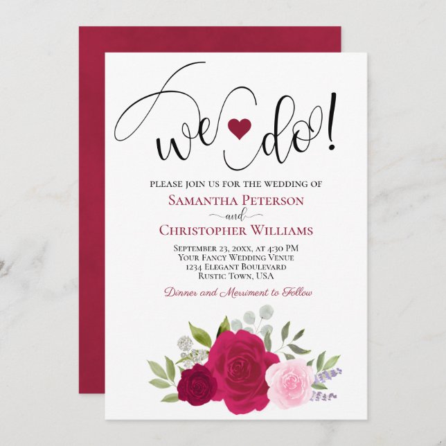 We Do! Elegant Magenta & Pink Roses Boho Wedding Invitation (Front/Back)