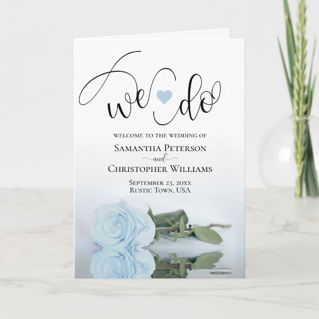We Do Elegant Pale Blue Rose Folded Wedding Program (Front)