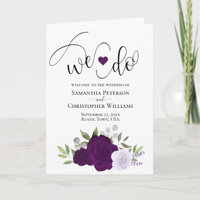 We Do Elegant Purple Roses Boho Chic Wedding Program (Front)