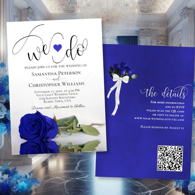 We Do! Elegant Royal Blue Rose QR Code Wedding Invitation (Front/Back)