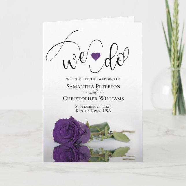 We Do Elegant Royal Purple Rose Folded Wedding Program (Front)