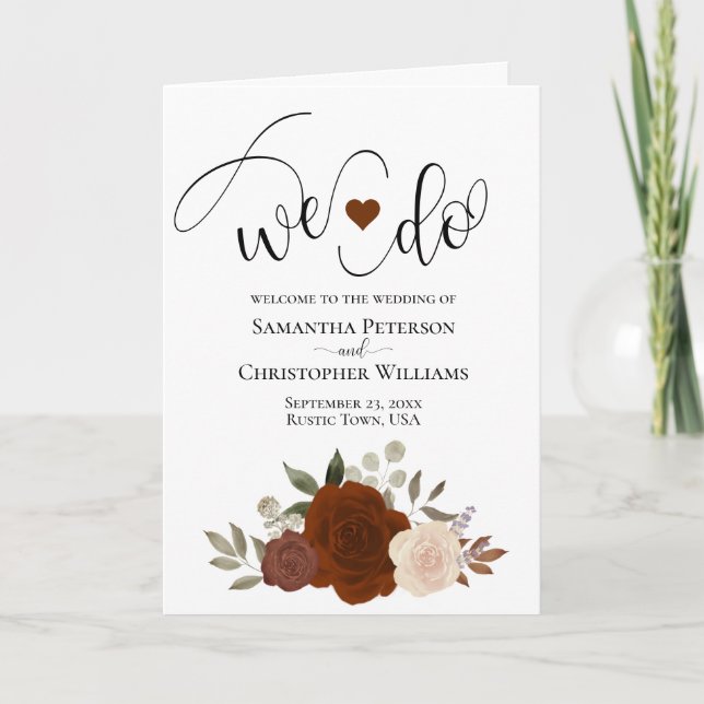 We Do Elegant Rust Orange Roses Boho Wedding Program (Front)