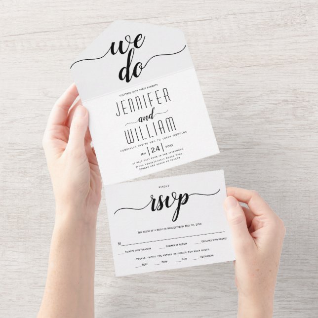 "We do" elegant script calligraphy wedding All In One Invitation (Tearaway)