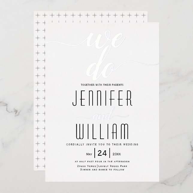 "We do" elegant script calligraphy wedding silver (Front/Back)