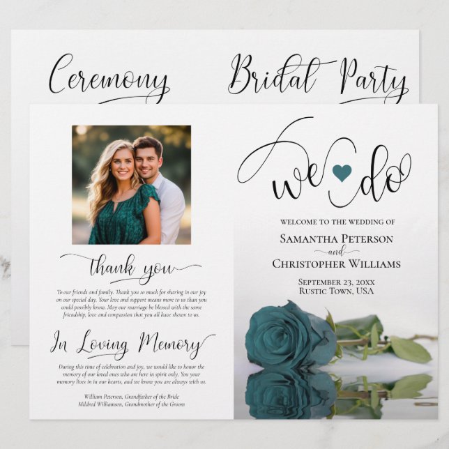 We Do! Elegant Teal Rose Modern Wedding Program (Front/Back)