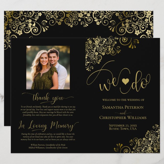We Do! Fancy Black & Gold DIY Fold Wedding Program (Front/Back)