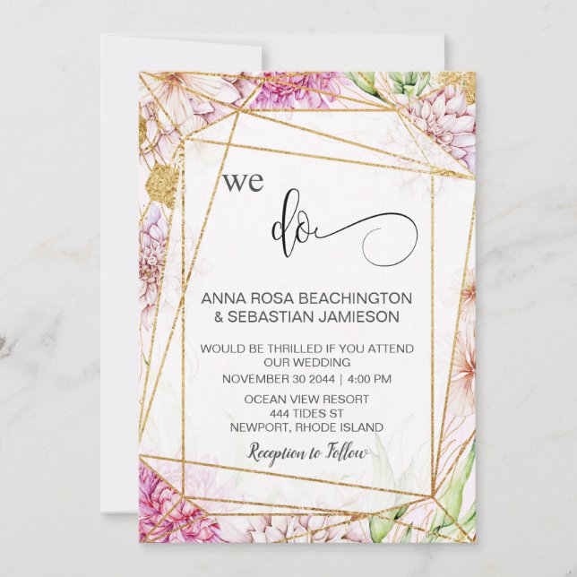 *~* WE DO Floral Geometric RSVP AR15 QR Wedding In Invitation (Front)