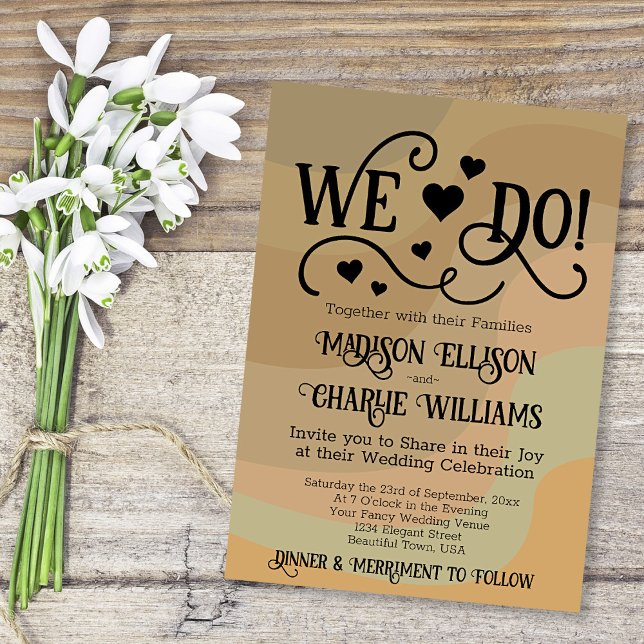 We Do Fun Word Art Earthtone Retro Swirls Wedding Invitation (In Situ with Flowers)