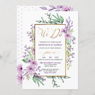 We Do Gold Glitter Script Purple Flowers Wedding Invitation