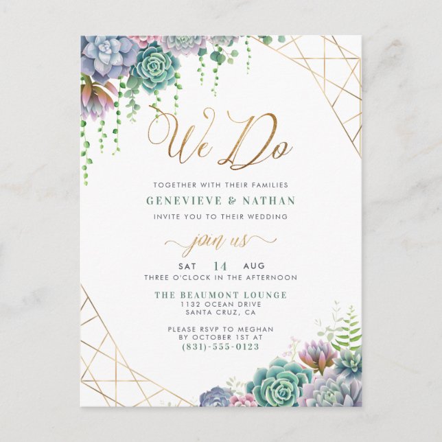 "We Do" Gold Glitter Script & Succulents Wedding Invitation Postcard (Front)