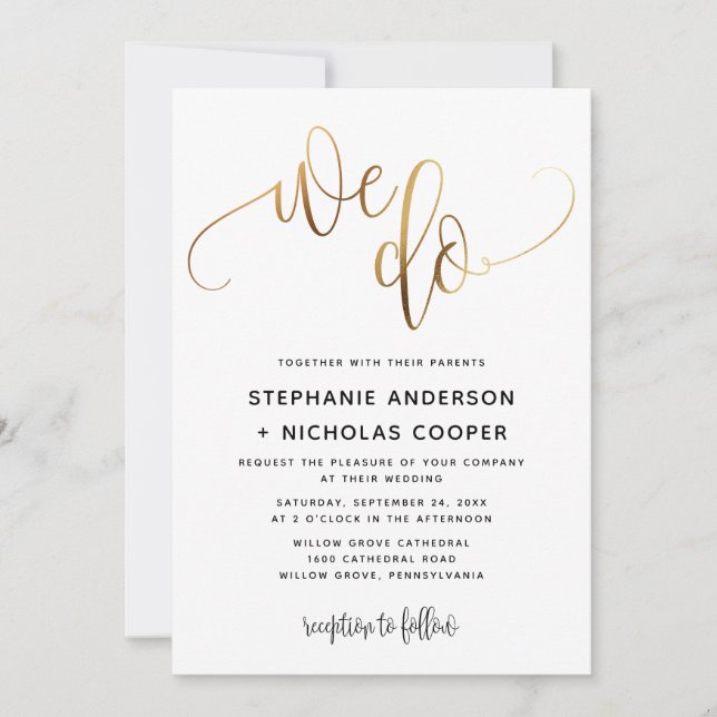 We Do Gold Lovely Script Typography Wedding Invitation (Front)