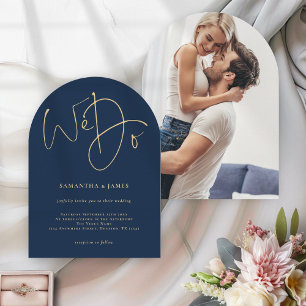 We Do Gold Script Photo Navy Blue Wedding Arch Invitation