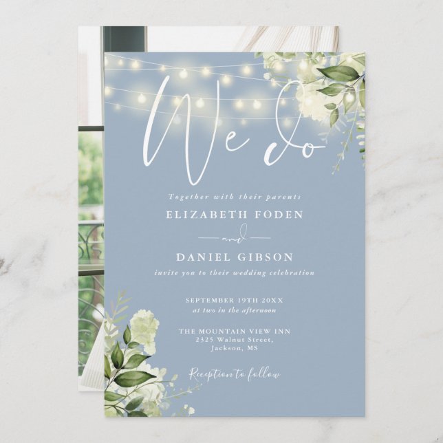 We Do Greenery Lights Photo Dusty Blue Wedding Invitation (Front/Back)