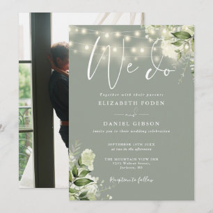We Do Greenery Lights Photo Sage Green Wedding Invitation