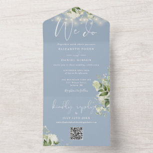We Do Greenery Lights QR Code Dusty Blue Wedding All In One Invitation