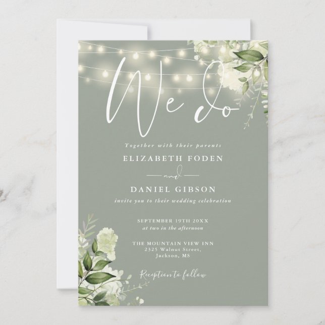 We Do Greenery Lights QR Code Sage Green Wedding Invitation (Front)