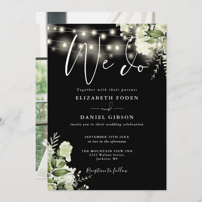 We Do Greenery String Lights Photo Wedding Invitation (Front/Back)