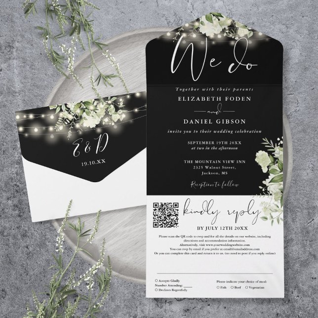 We Do Greenery String Lights QR Code Wedding All In One Invitation (We Do Greenery String Lights QR Code Wedding All In One Invitation)