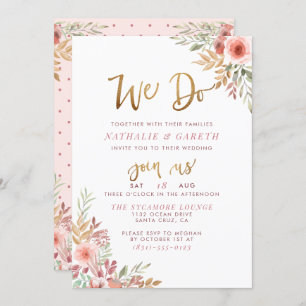 We Do   Hand-Lettered Script & Cute Roses Wedding Invitation