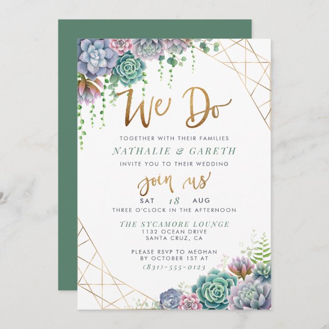 "We Do" Hand-Lettered Script & Succulent Wedding Invitation (Front/Back)
