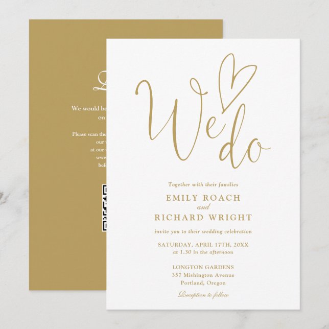 We Do Love Heart QR Code Chic Gold Wedding Invitation (Front/Back)