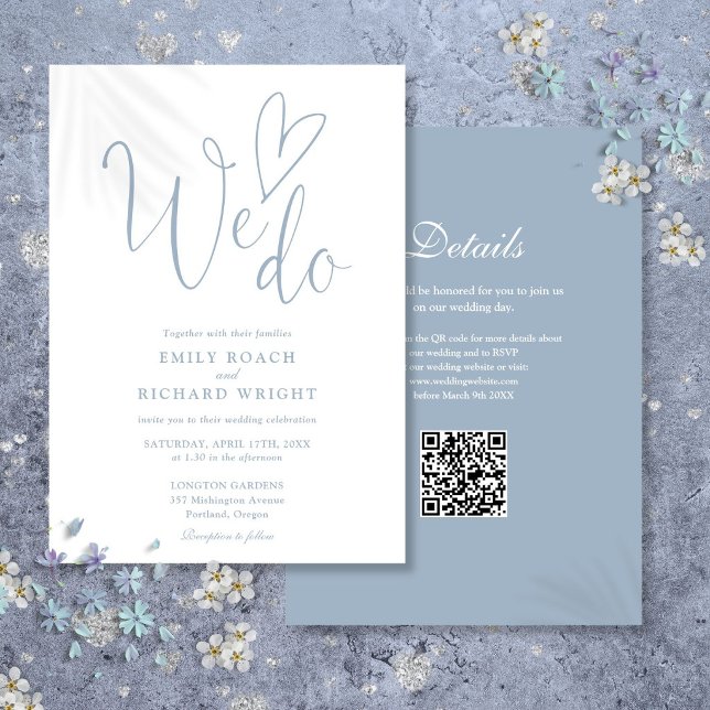 We Do Love Heart QR Code Dusty Blue Wedding Invitation (We Do Love Heart QR Code Dusty Blue Wedding Invitation)