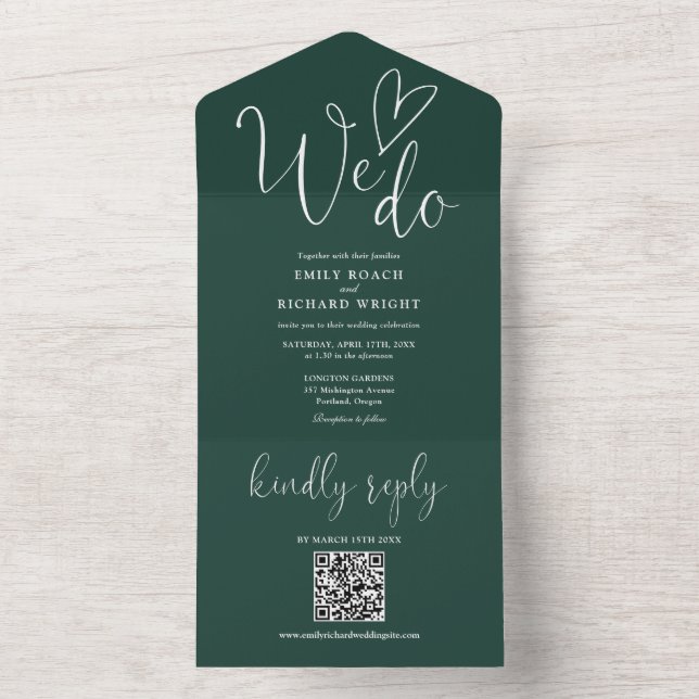 We Do Love Heart QR Code Emerald Green Wedding All In One Invitation (Inside)