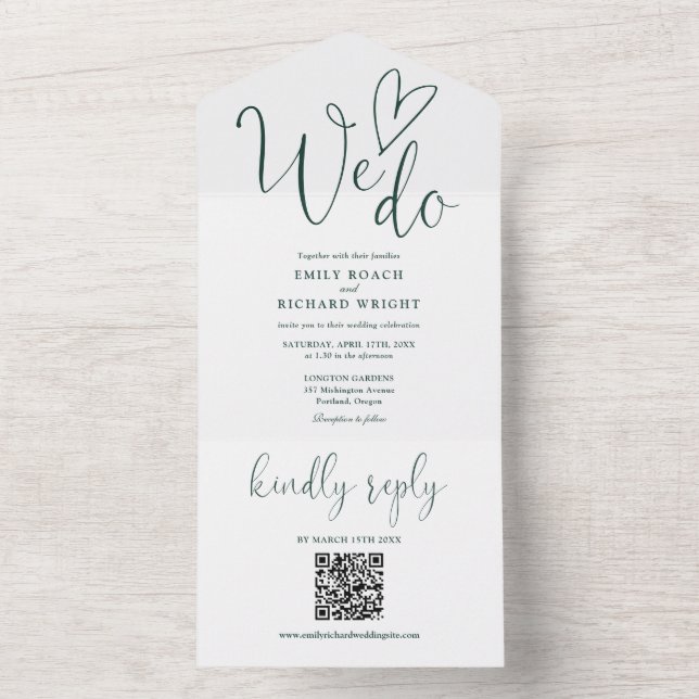 We Do Love Heart QR Code Emerald Green Wedding All In One Invitation (Inside)