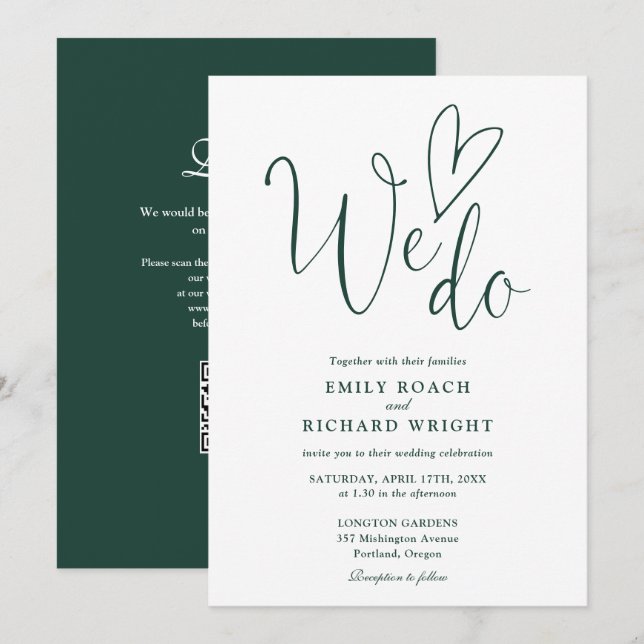 We Do Love Heart QR Code Emerald Green Wedding Invitation (Front/Back)
