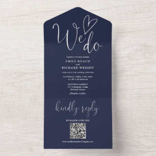 We Do Love Heart QR Code Navy Blue Wedding All In One Invitation