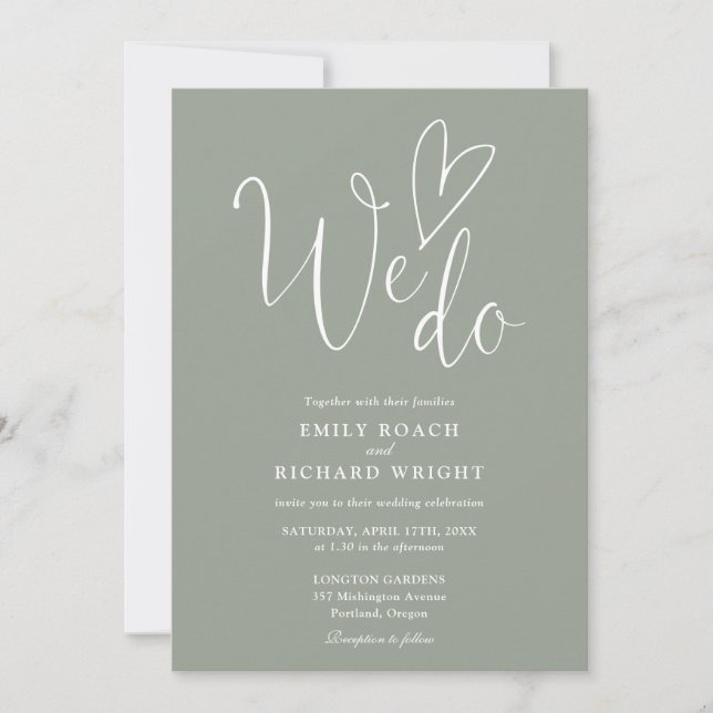 We Do Love Heart QR Code Sage Green Wedding Invitation (Front)