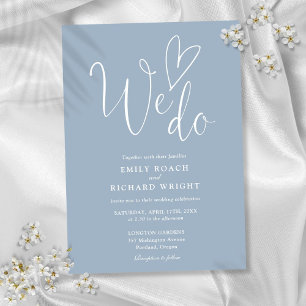 We Do Love Heart Script Dusty Blue Wedding Invitation