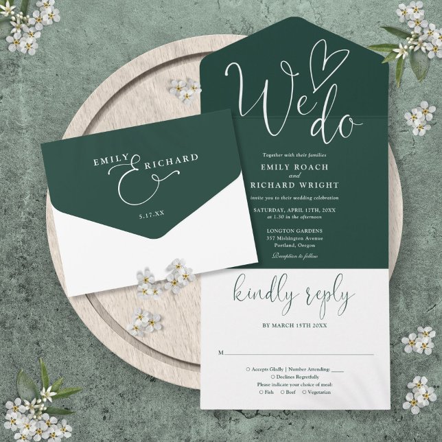 We Do Love Heart Script Emerald Green Wedding All In One Invitation (We Do Love Heart Script Emerald Green Wedding All In One Invitation)
