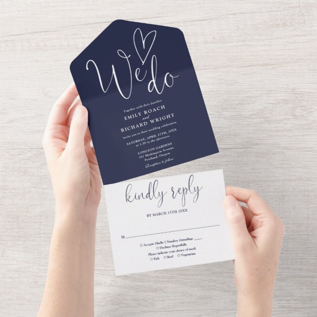 We Do Love Heart Script Navy Blue Wedding All In One Invitation (Tearaway)