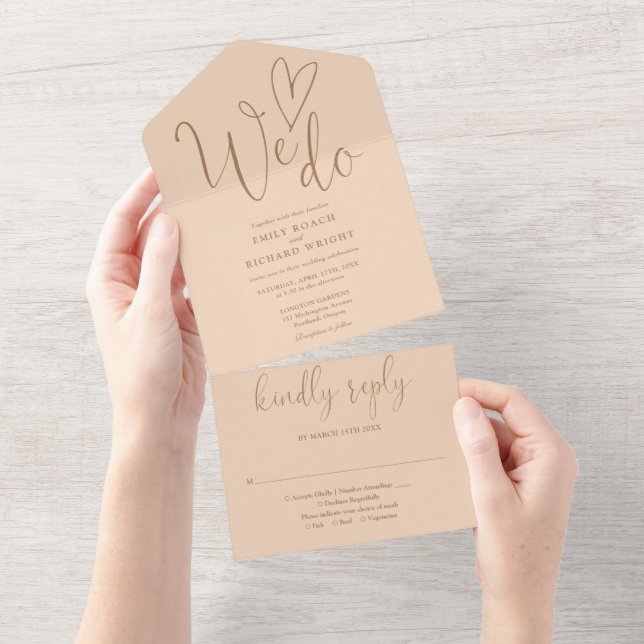 We Do Love Heart Script Soft Peach Wedding All In One Invitation (Tearaway)