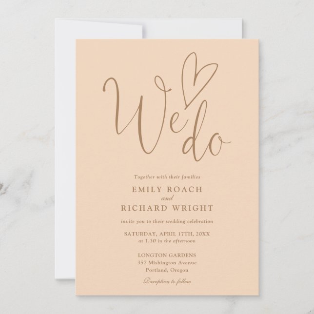 We Do Love Heart Script Soft Peach Wedding Invitation (Front)