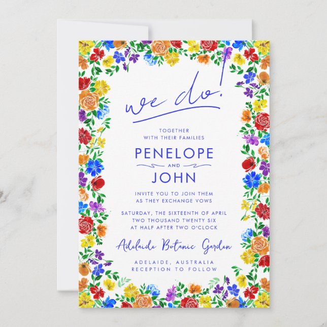 We Do Modern Boho Rainbow Floral Wedding Invitation (Front)