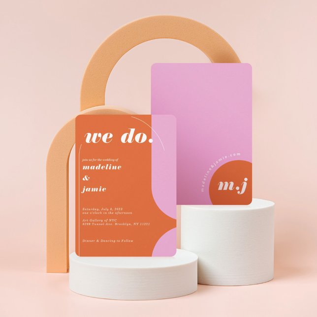 We Do Modern Bold Pink & Orange Retro Abstract Invitation (Creator Uploaded)